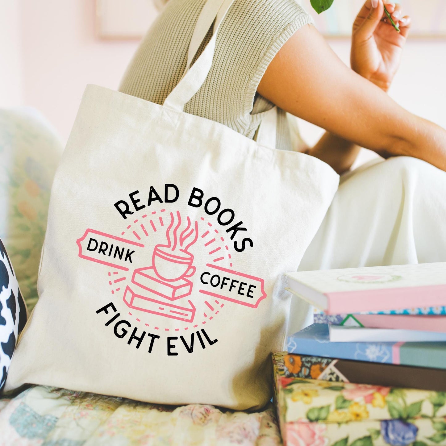 Read Books, Drink Coffee, Fight Evil Tote Bag, Bookish Tote Bag, Gifts for Readers, Book Lover Gift, Canvas Tote Bag, Bookworm, Banned Books