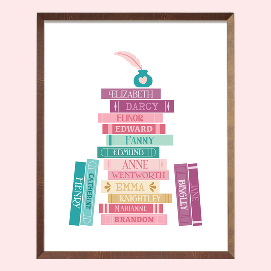 Jane Austen Characters Book Stack Art Print