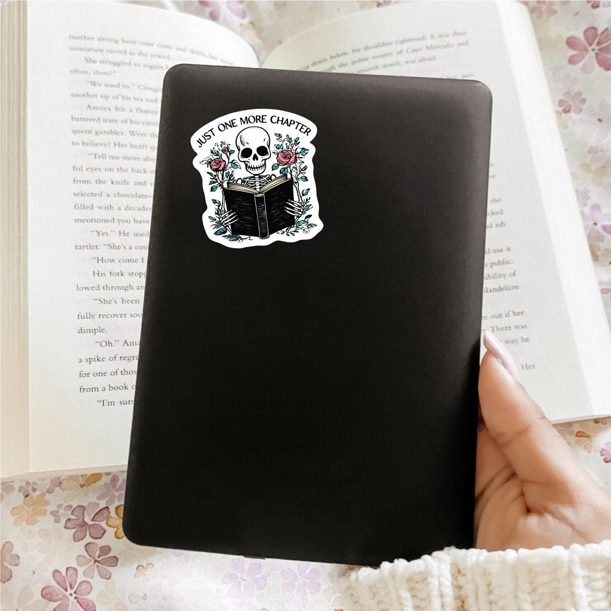 Just One More Chapter, Bookish Sticker, Kindle Decal, Gifts for Book Lovers, Laptop Decal, Waterproof, Kindle Sticker, Skeleton, Book Club