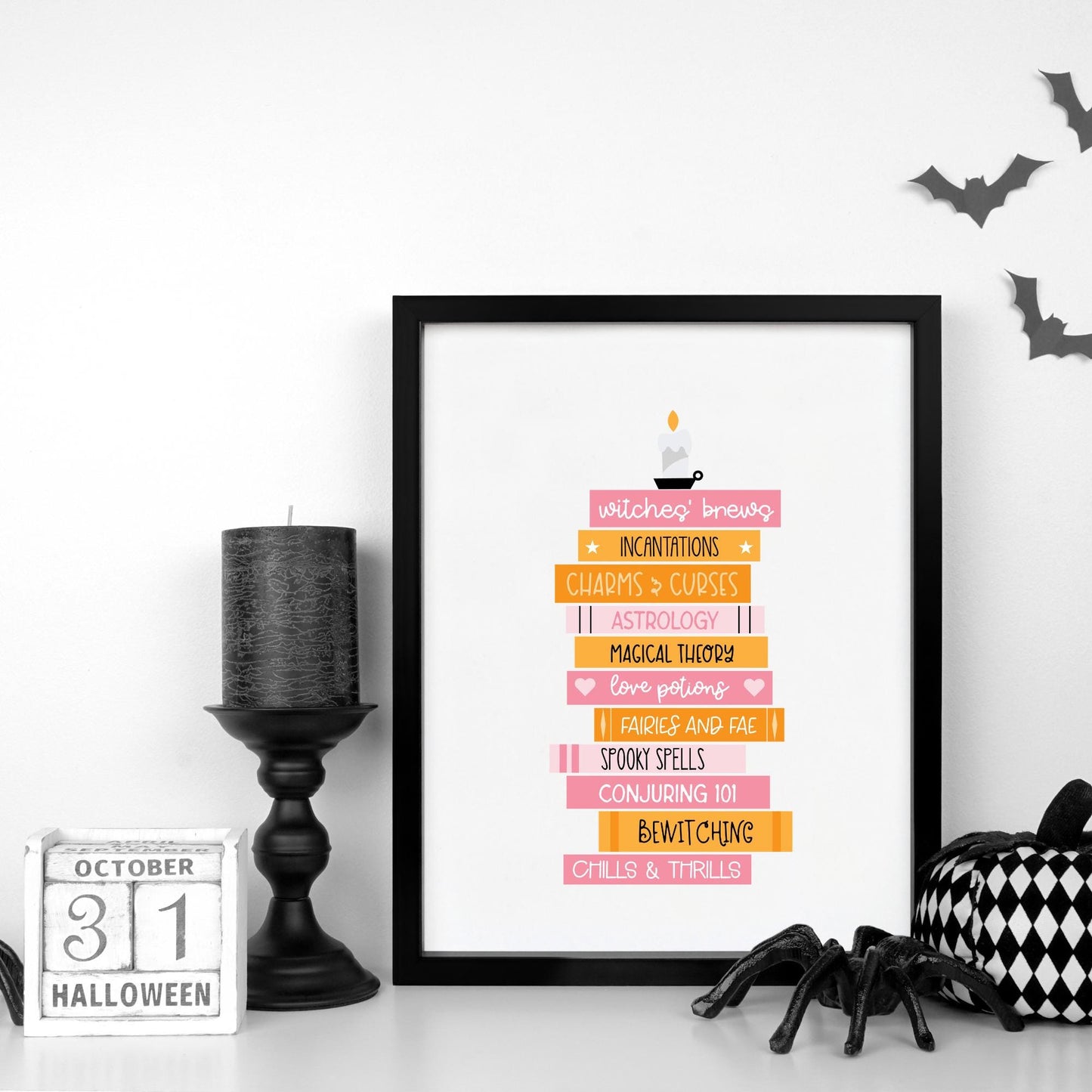 Halloween Book Stack Digital Art Print, Spooky Season, Printable Decor, Books