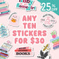 Any 5 Stickers, Any 10 Stickers, Sticker Bundle, Kindle Sticker, Water Bottle Sticker, Bookish Stickers, Gifts for Readers