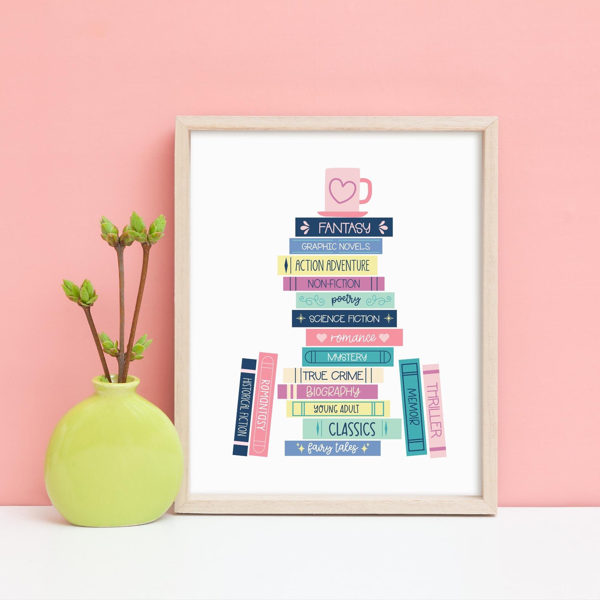 Book Genres Stack Digital Art Print, Bookish Prints, Gifts for Readers, Printable Wall Art