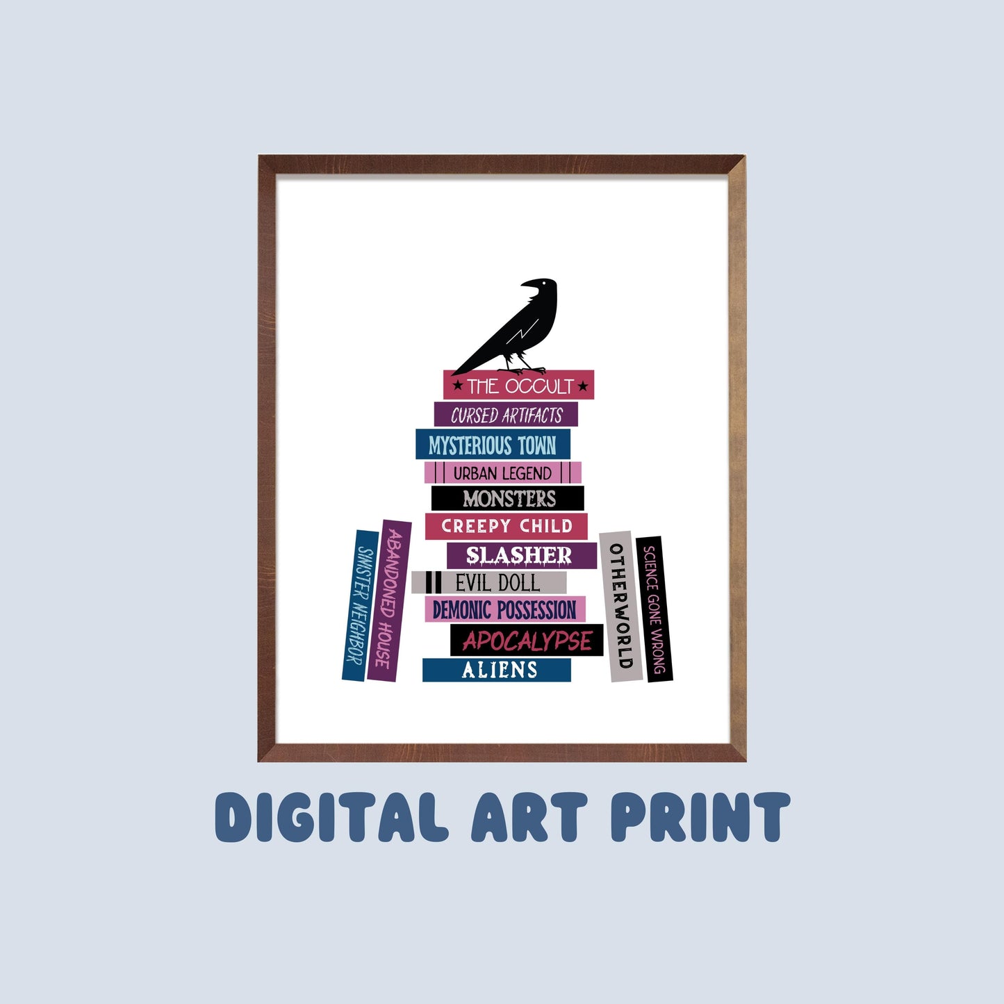 Horror Tropes Book Stack Digital Art Print, Printable Decor, Bookish Prints, Gifts for Readers