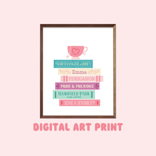 Jane Austen Book Stack Digital Art Print, Bookish Gifts for Readers, Printable Decor, Wall Art