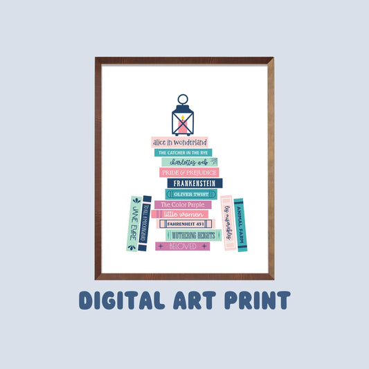 Classics Book Stack Digital Art Print, Bookish Prints, Gifts for Readers, Printable Decor, Wall Art