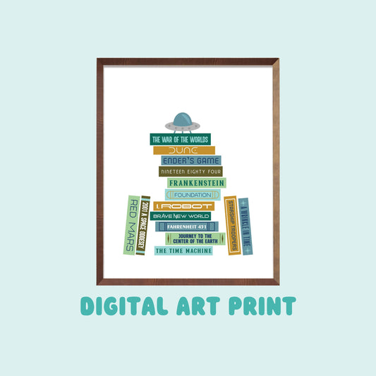 Classic Sci Fi Book Stack Digital Art Print, Science Fiction Books, Printable Decor, Gifts for Readers