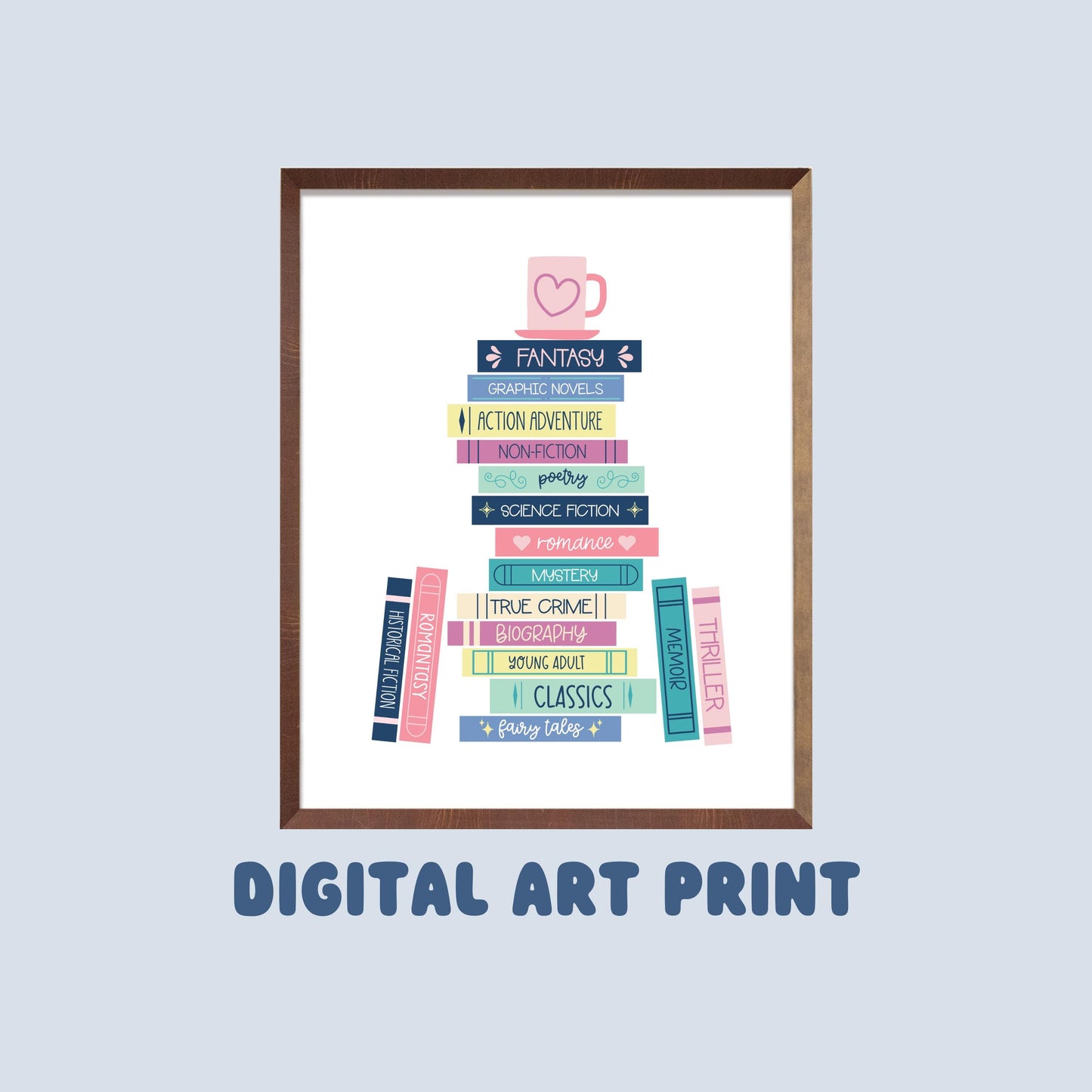 Book Genres Stack Digital Art Print, Bookish Prints, Gifts for Readers, Printable Wall Art
