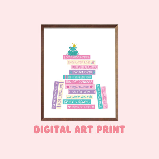 Fairy Tales Book Stack Digital Art Print, Printable Decor, Bookish Prints, Princess, Daughter