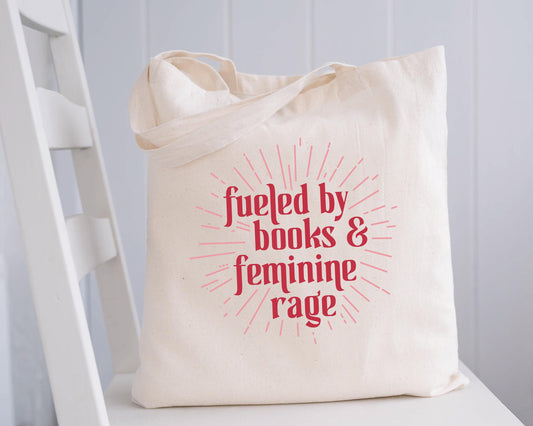 Fueled by Books and Feminine Rage Tote Bag, Bookish Tote Bag, Gifts for Readers, Book Lover Gift, Canvas Tote Bag, Bookworm, Feminist
