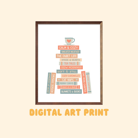 Cozy Book Stack Digital Art Print, Gifts for Readers, Book Lover Gift, Printable Decor