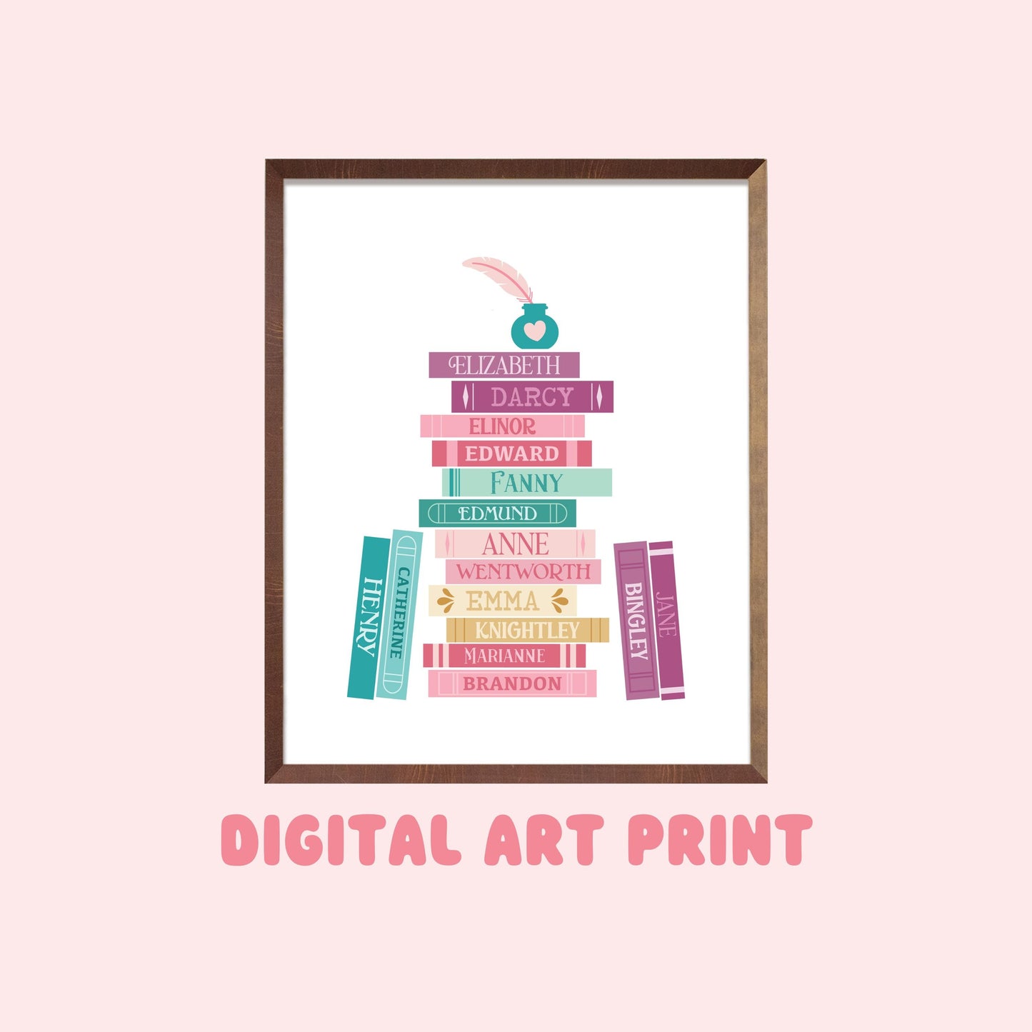 Jane Austen Characters Book Stack, Digital Art Print, Printable Art, Gifts for Readers, Book Lover Gift, Printed Art, Classic Books