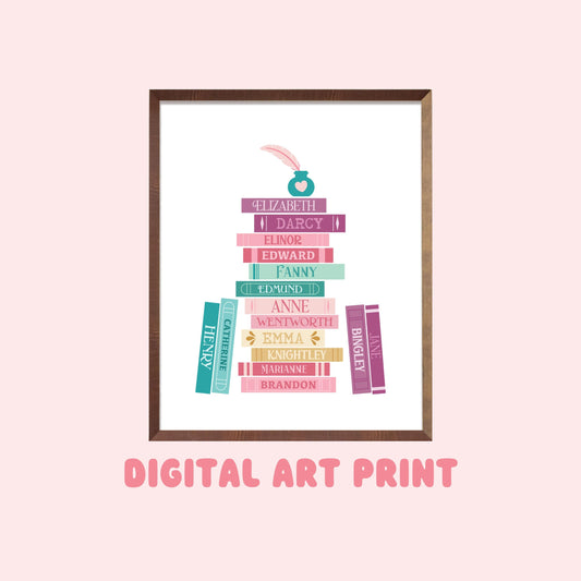 Jane Austen Characters Book Stack, Digital Art Print, Printable Art, Gifts for Readers, Book Lover Gift, Printed Art, Classic Books