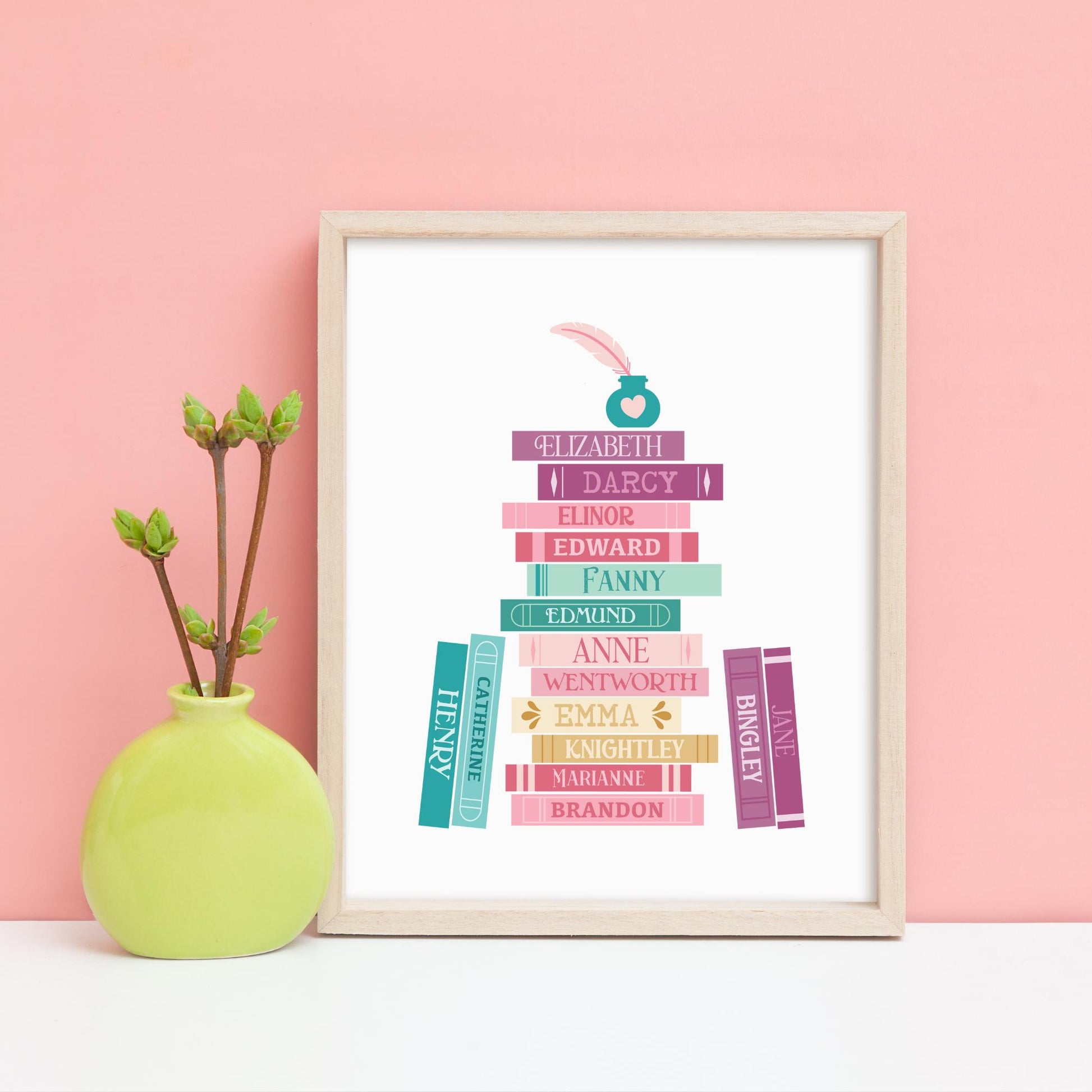 Jane Austen Characters Book Stack, Art Print, Bookish Prints, Gifts for Readers, Book Lover Gift, Printed Art, Classic Books,