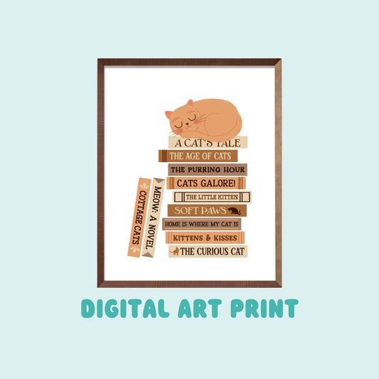 Cat Book Stack Digital Art Print, Printable Art, Bookish Decor, Cat Mom