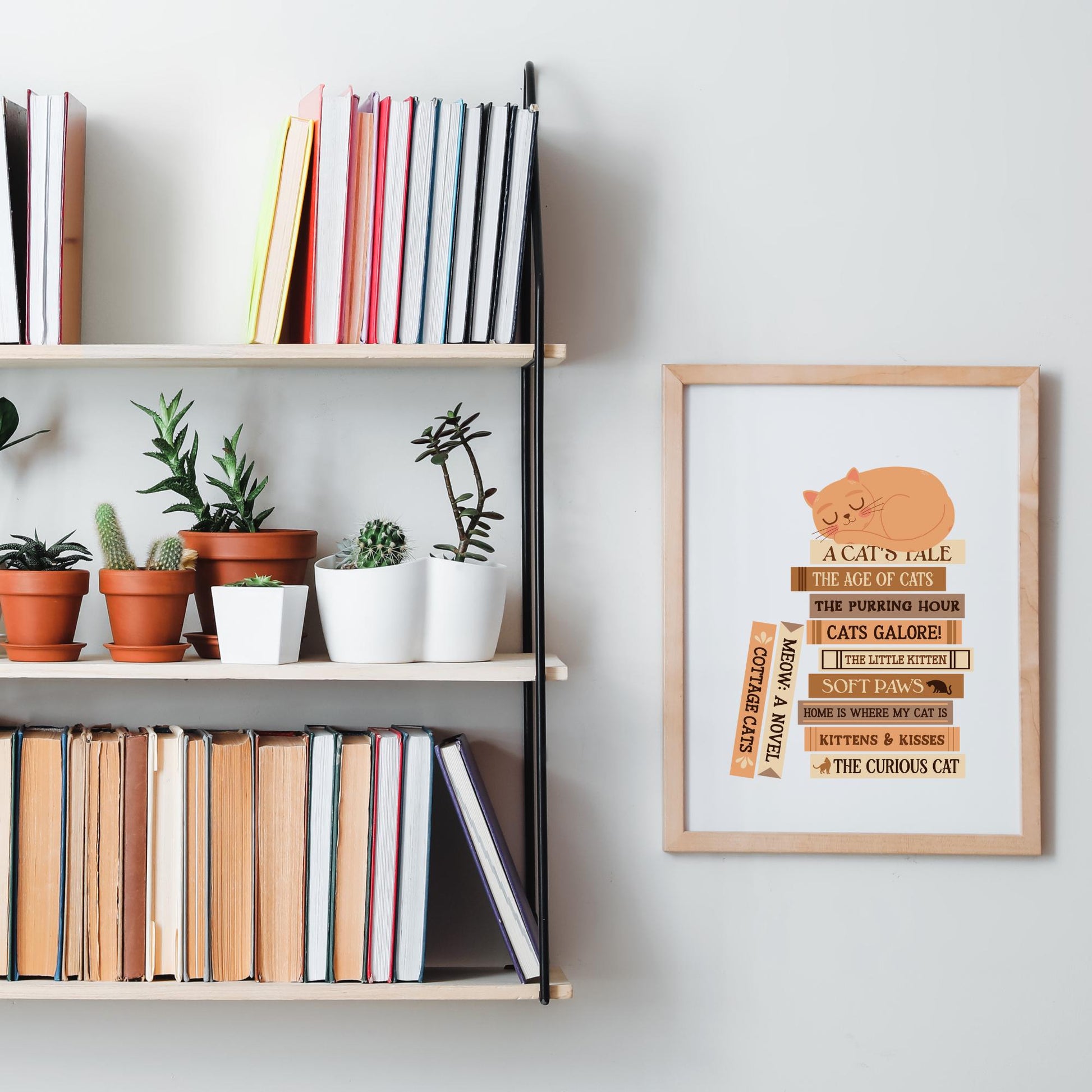 Cat Book Stack Digital Art Print, Printable Art, Bookish Decor, Cat Mom