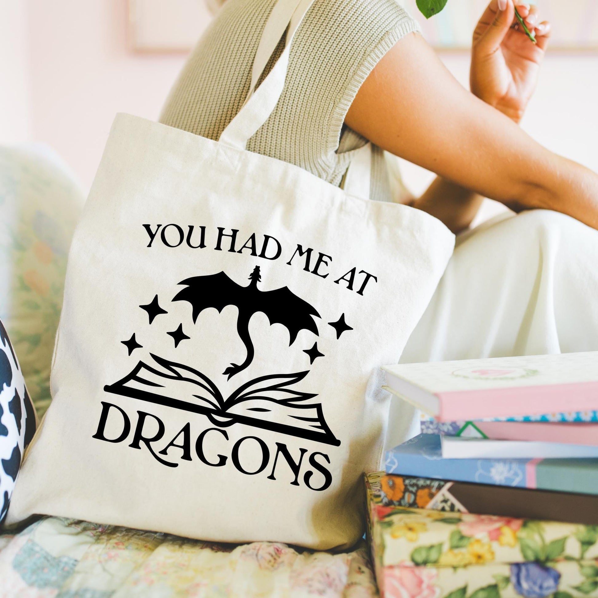 You Had Me At Dragons Book Tote Bag, Bookish Tote Bag, Gifts for Readers, Book Lover Gift, Canvas Tote Bag, Bookworm