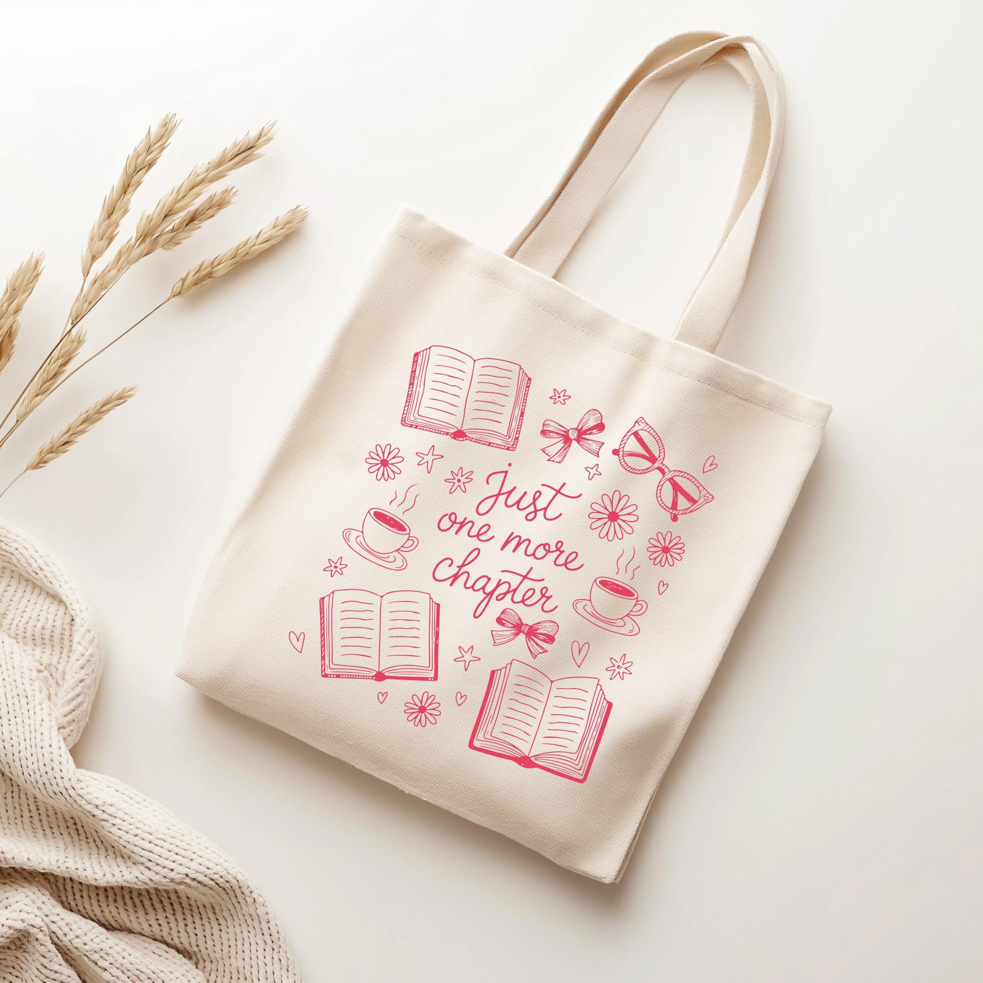 Pink Just One More Chapter Tote Bag, Bookish Gifts for Readers, Bookworm