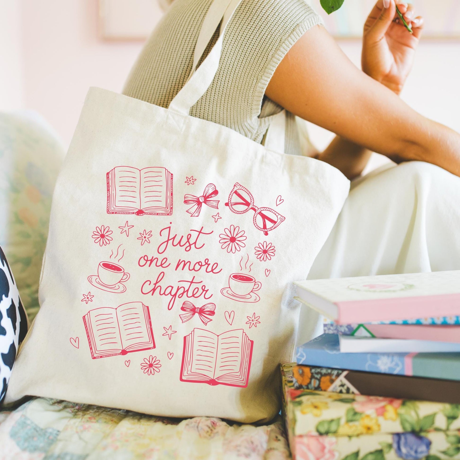 Pink Just One More Chapter Tote Bag, Bookish Gifts for Readers, Bookworm