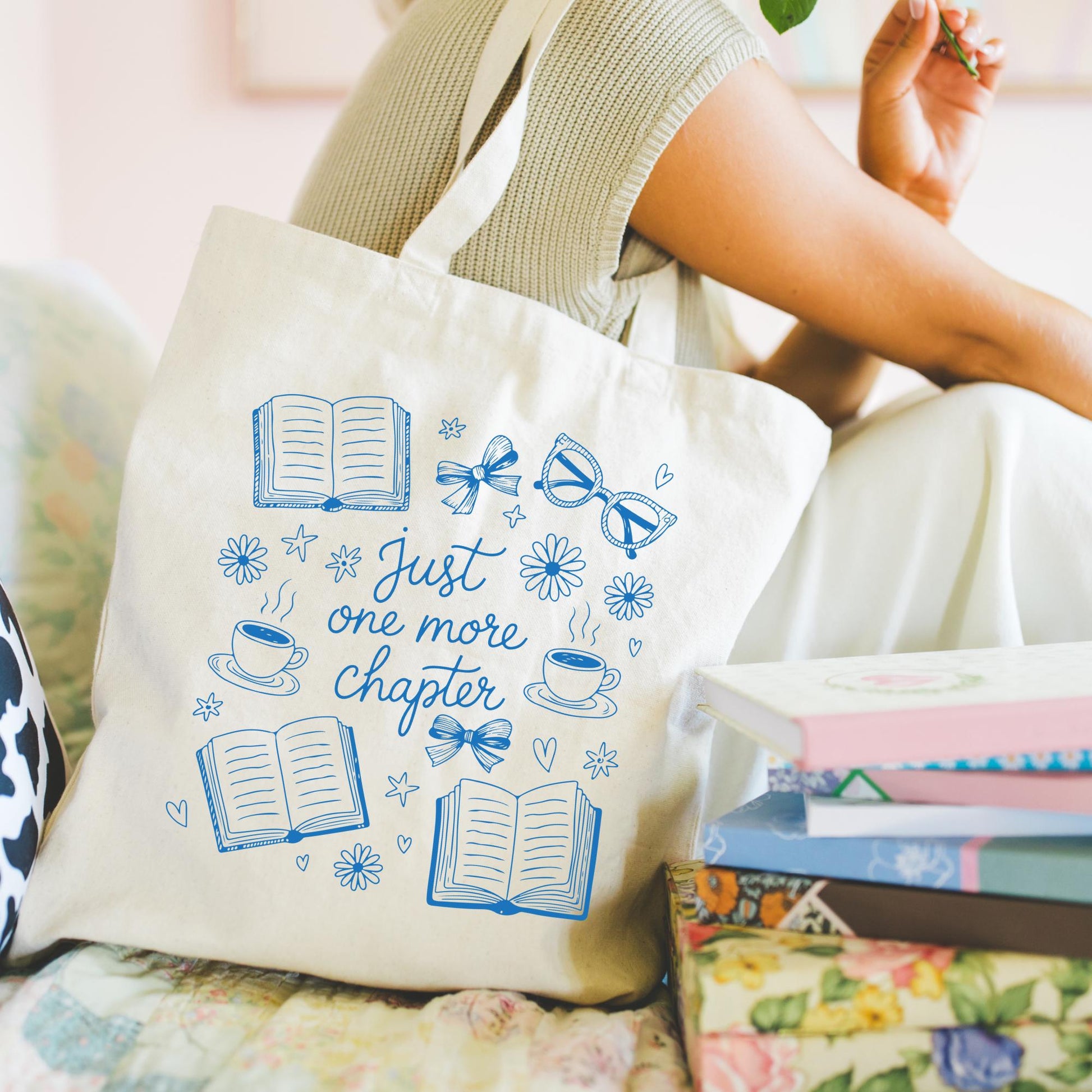Pink Just One More Chapter Tote Bag, Bookish Gifts for Readers, Bookworm