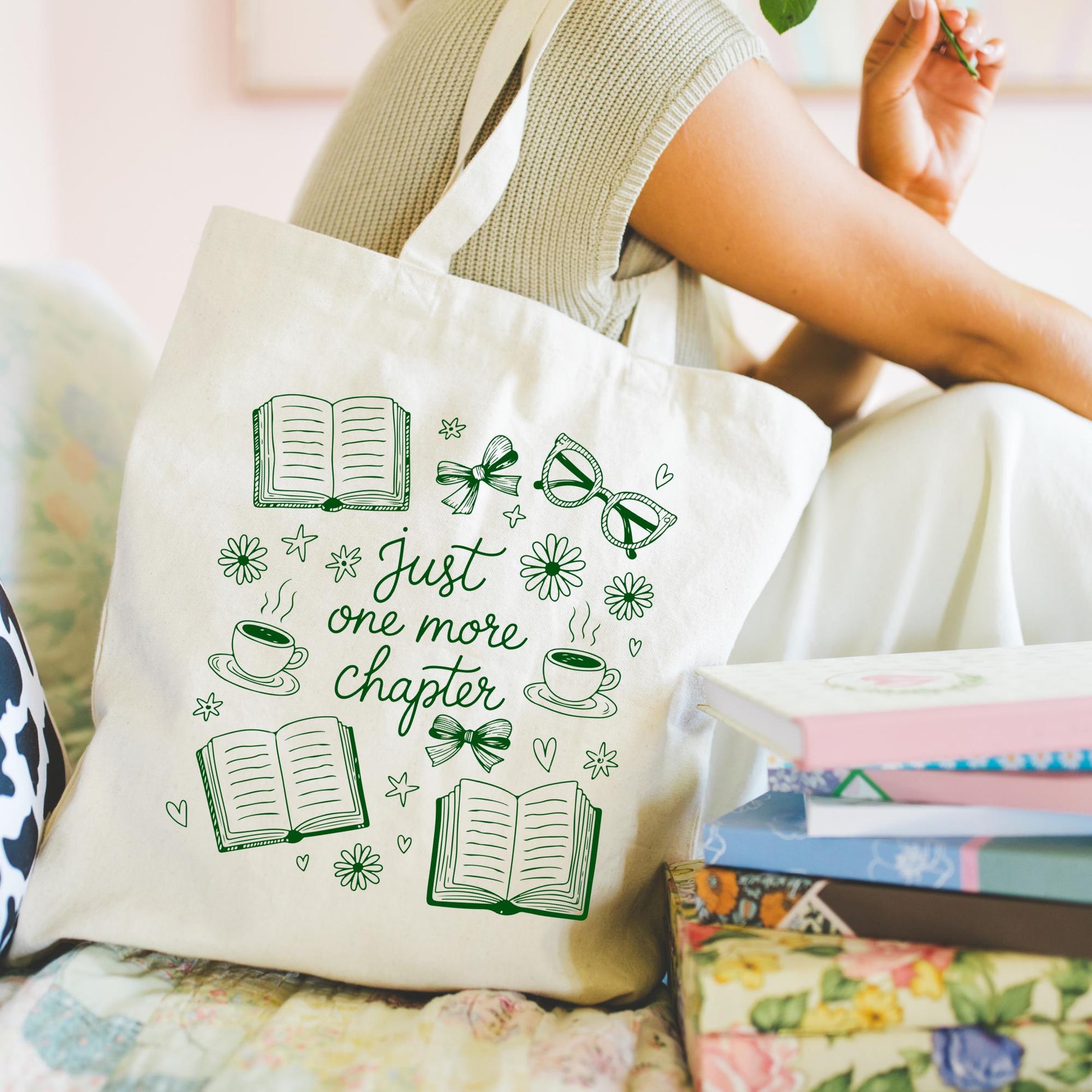 Pink Just One More Chapter Tote Bag, Bookish Gifts for Readers, Bookworm