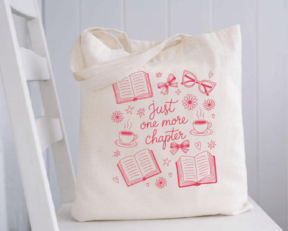 Pink Just One More Chapter Tote Bag, Bookish Gifts for Readers, Bookworm