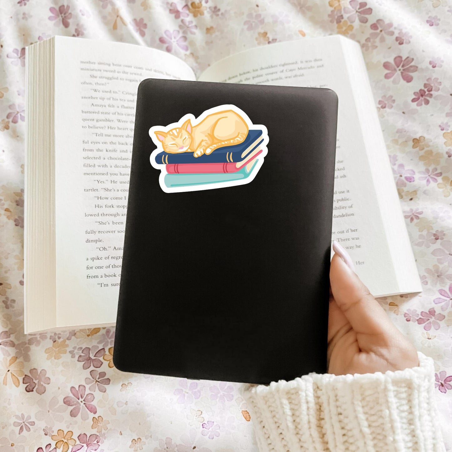 Cat and Books Sticker, Bookish Laptop Kindle Decal, Gifts for Readers